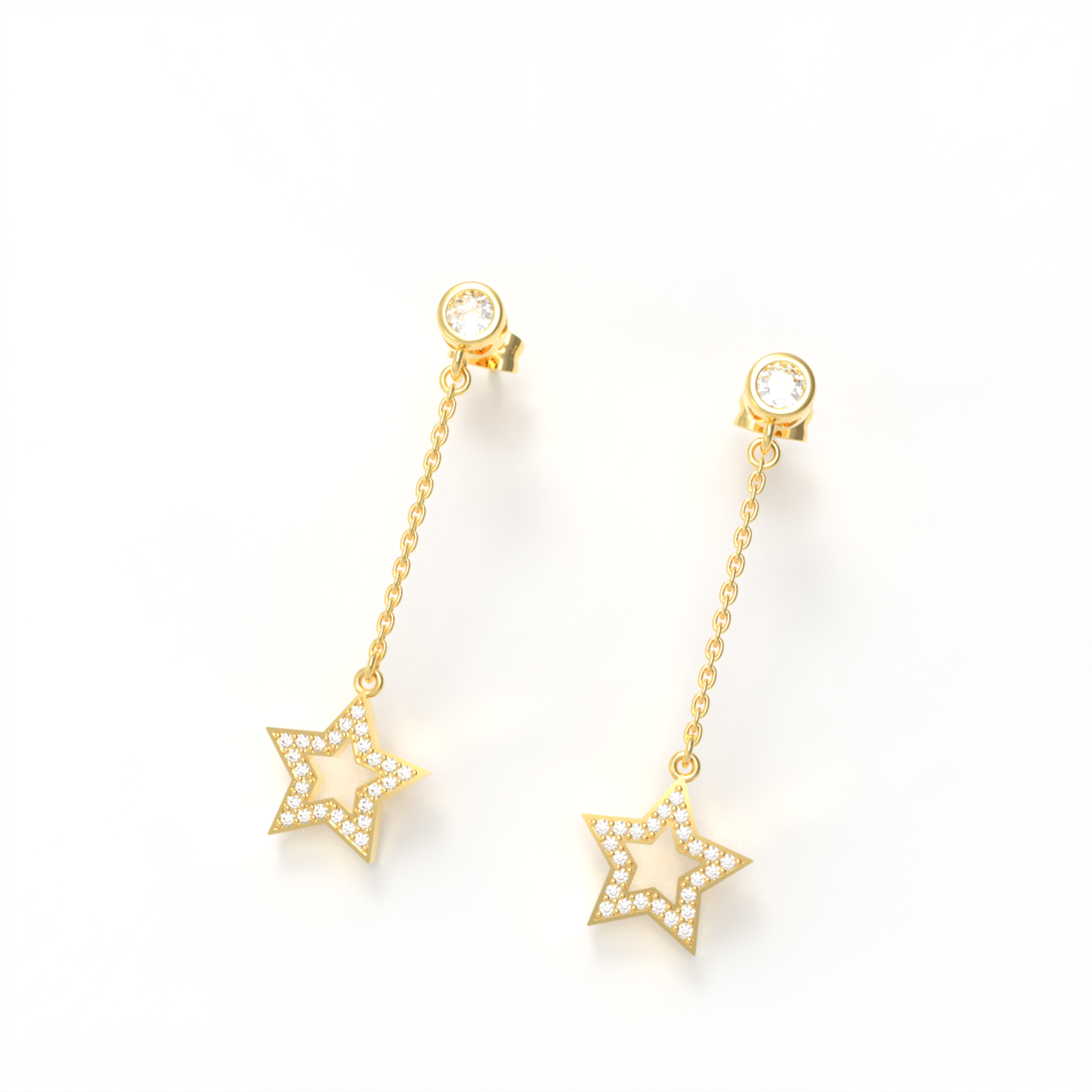 CZ Star Moon Celestial Dangle Chain Earrings, Hallmarked 925 Sterling Silver